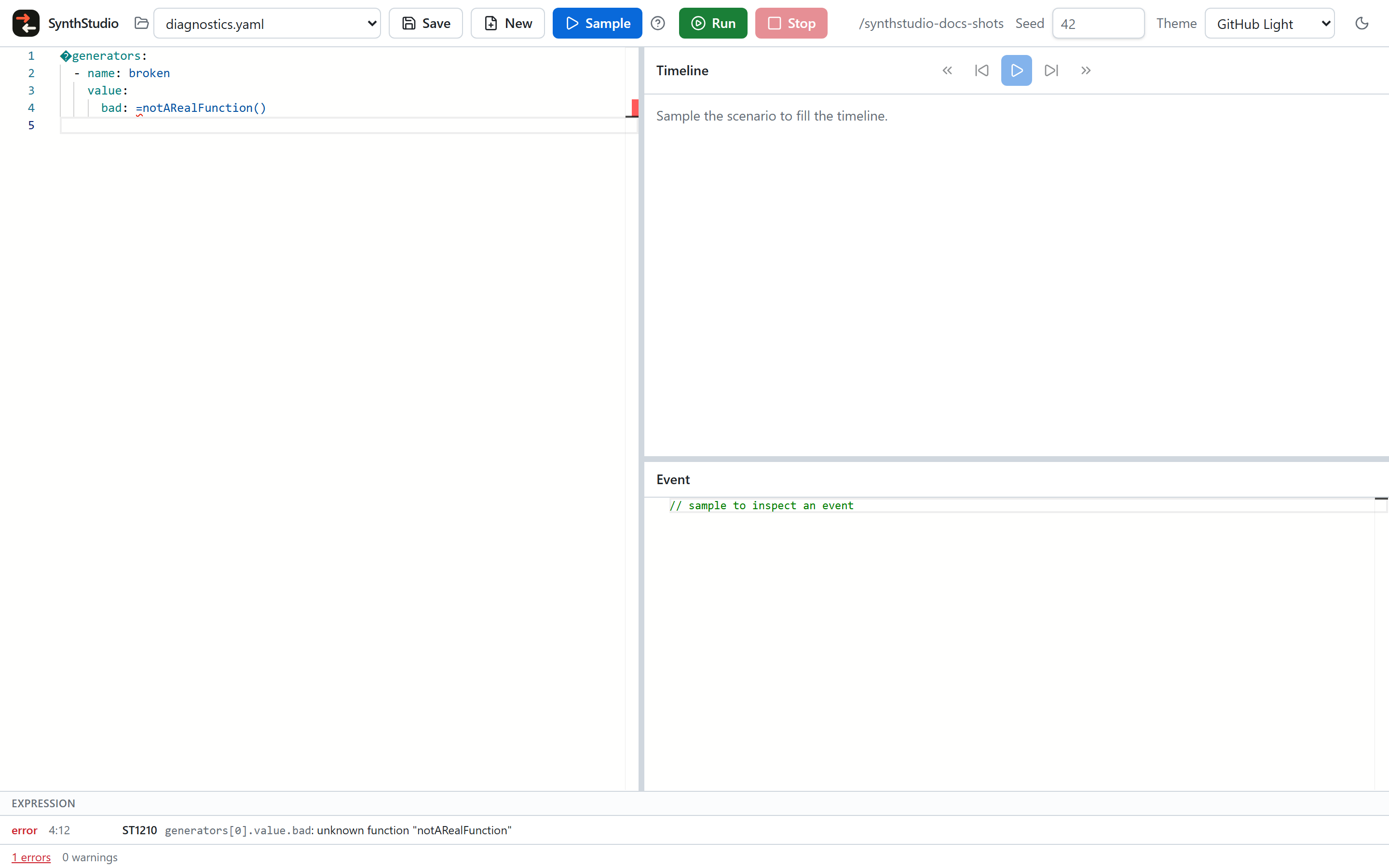 Editor squiggle and diagnostics panel showing an ST code, path, and message.
