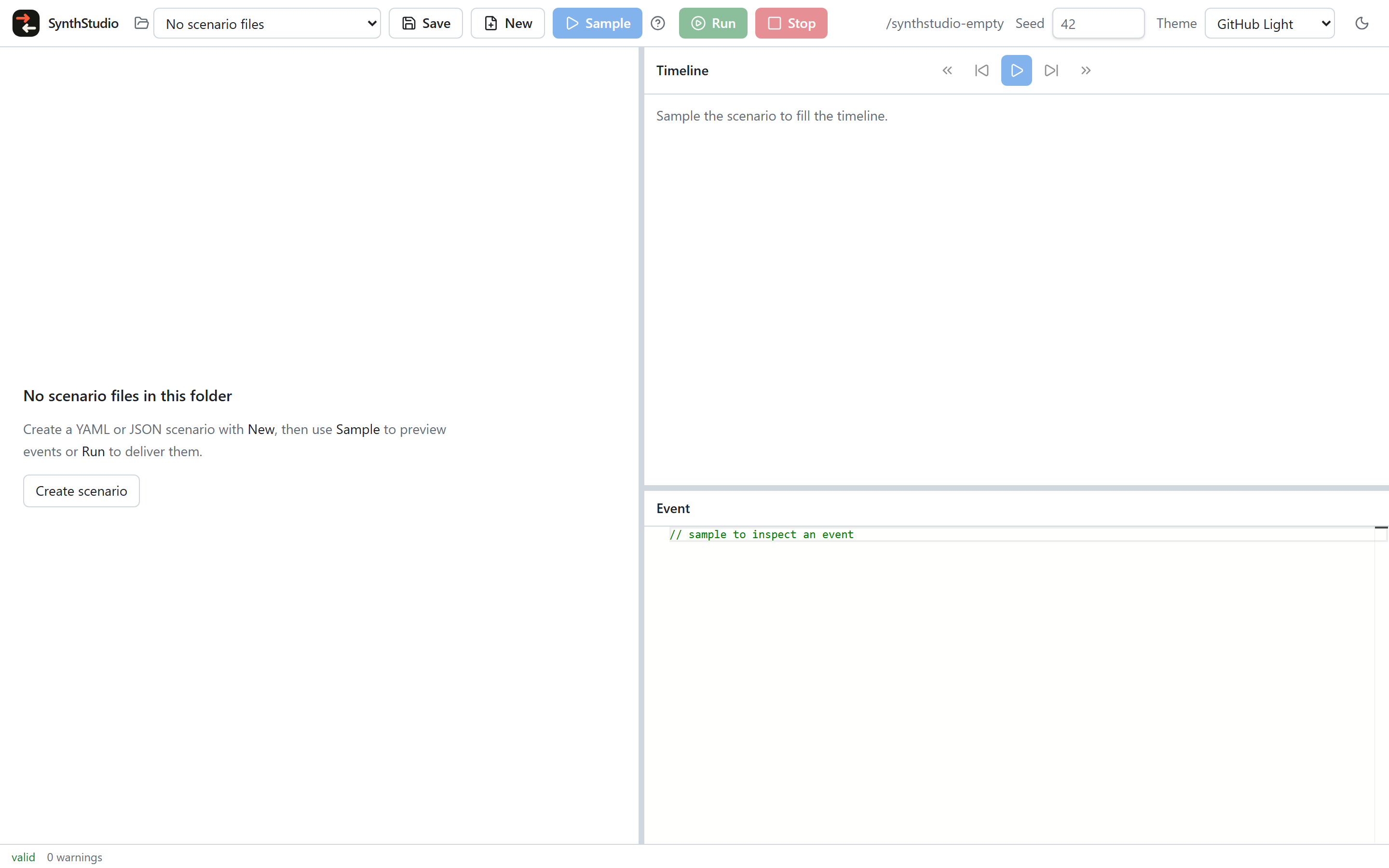 Empty workspace: no scenario files in this folder, with a Create scenario control that opens New.
