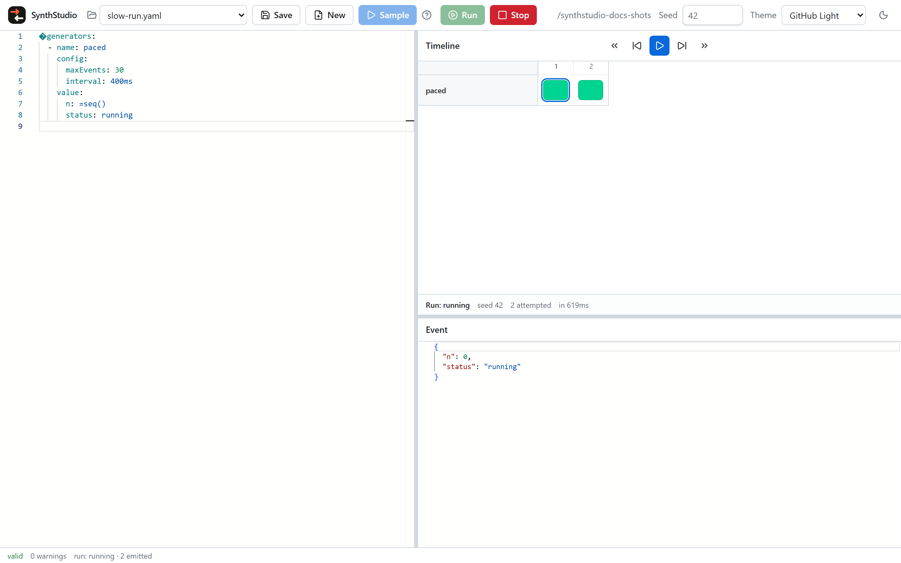 Run status strip showing state, seed, attempted and delivered counts, and elapsed time.
