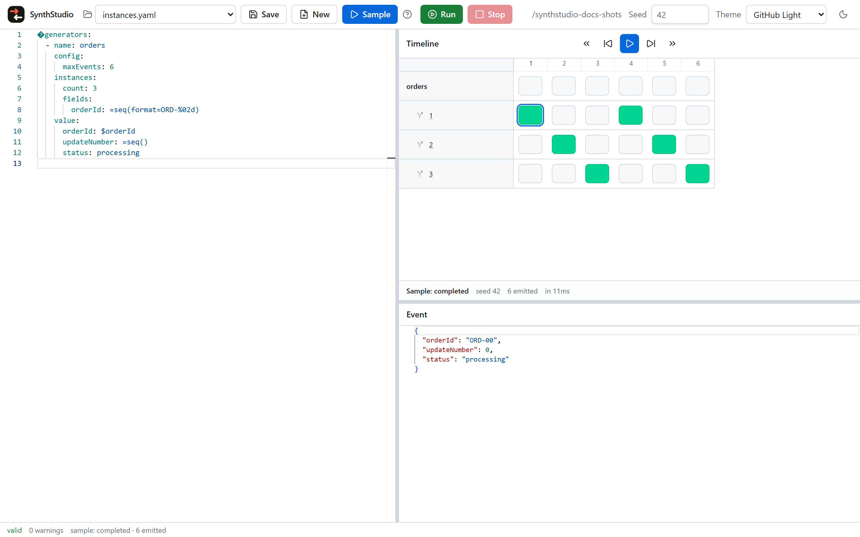 Sample timeline with instance fork rows, a selected cell, and Event inspector JSON.