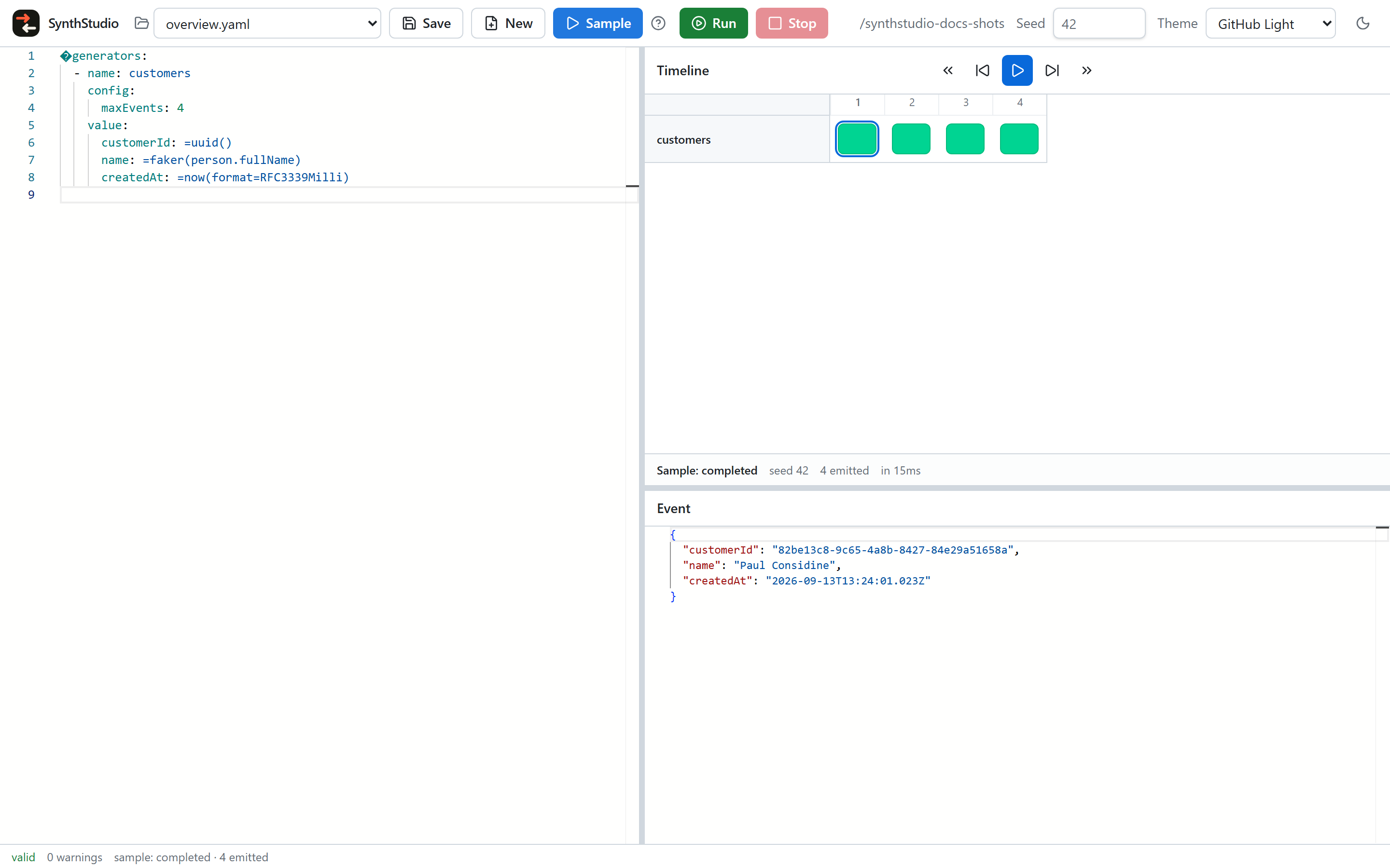 The Synthstudio window: toolbar, YAML editor, timeline, Event inspector, and diagnostics footer.